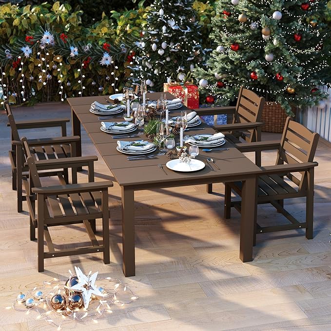 5-Piece Brown Outdoor Dining Set for 4, 75.2'' HDPE Table with Umbrella Hole & Chairs, Weather-Resistant Patio Furniture for Garden, Lawn, or Poolside