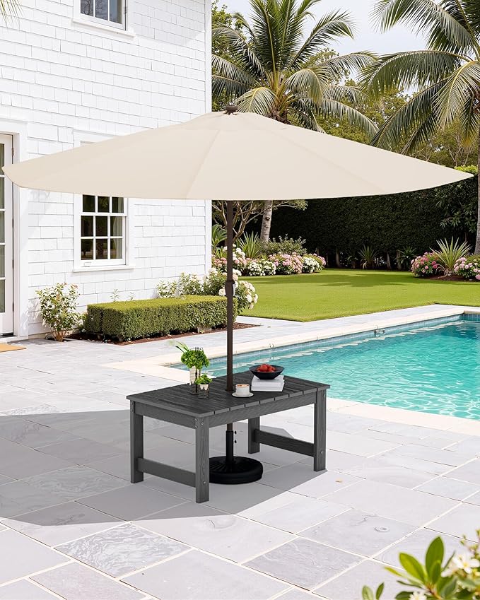 SERWALL Outdoor Coffee Table with 9FT Umbrella, HDPE Patio Coffee Table for Outside, Rectangle, Gray(Not Include Umbrella Base)