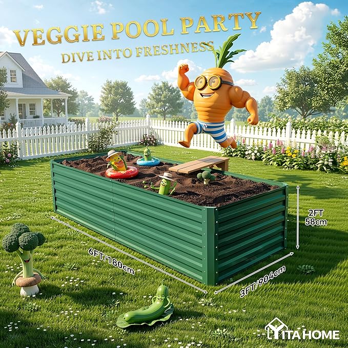 YITAHOME 6x3x2 ft Galvanized Raised Garden Bed Kit, Large Metal Planter Box with Gloves & Support Rod, Outdoor Flower Bed for Plants Vegetables, Green