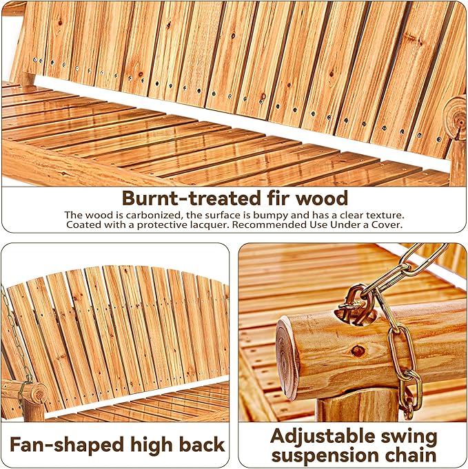 Outdoor Porch Swing Front Porch Hanging Wooden Bench Swing 3 Seat Chair for Garden, Patio, Backyard, Playground, Log Wood 800Lbs, 5 Ft, Lightly Toasted