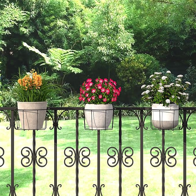 TQVAI 10 Inch Railing Planter - Fit for 3 to 5.5 Inches Railing - Adjustable Hanging Planters Outdoor Balcony Deck Flower Pot Holder Metal Baskets for Garden Orchid, Patio Ledge, 3 Pack, Black