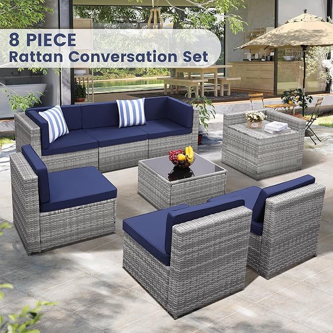 8-Piece Patio Furniture Set, Outdoor Wicker Rattan Sectional with Thick Cushions, Glass Top Table with Hidden Storage, Outdoor Conversation Set for Backyard, Porch, Patio, Blue