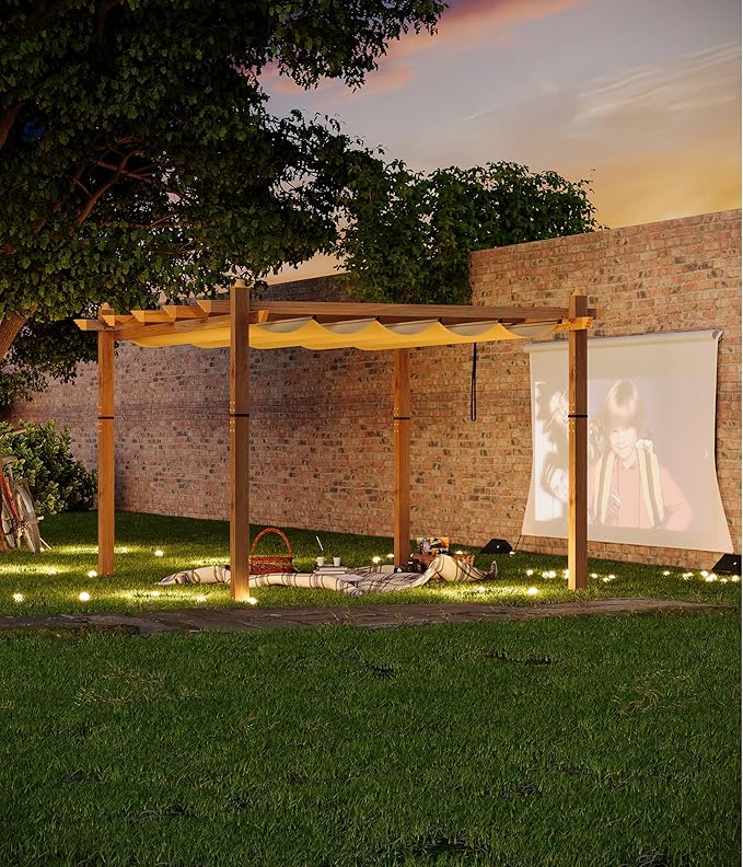 10 x 13 ft Aluminum Pergola with Adjustable Canopy, Outdoor Metal Pergola, Imitation Wood-Grain Sun Shade Shelter for Garden Patio Backyard Deck