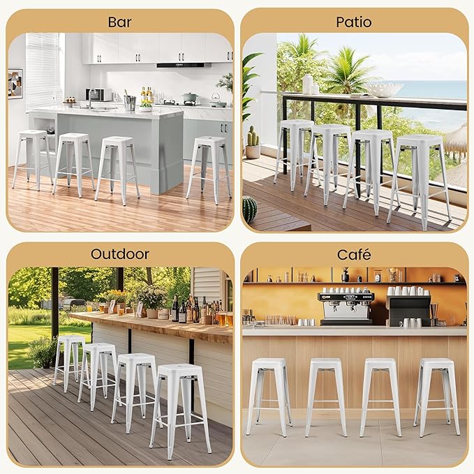Yaheetech 30 Inch Metal Bar Stools Set of 4, Bar Height Backless Bartools, Industrial Stackable Bar Chairs with Footrest for Kitchen/Dining Room/Bistro/Patio, White