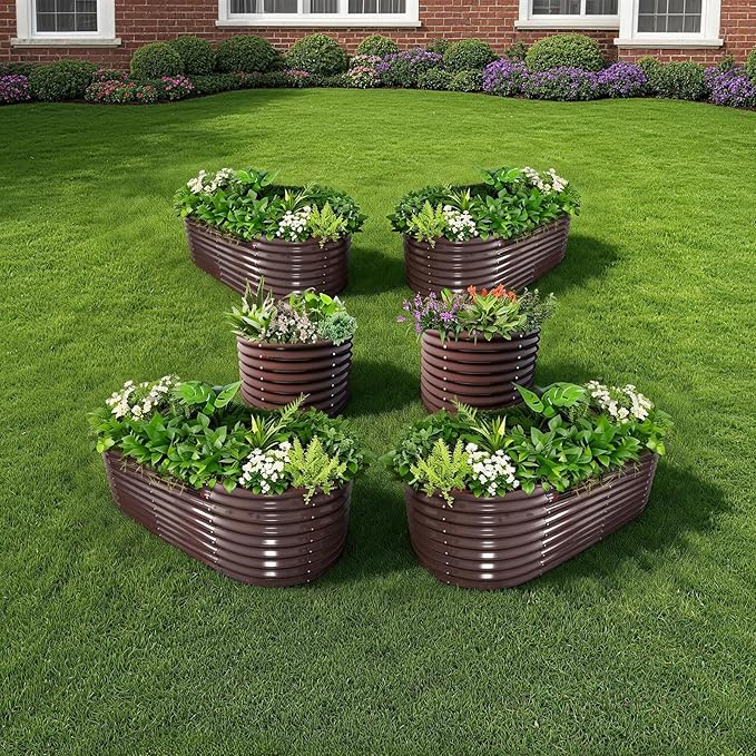 A ANLEOLIFE Set of 6, 30 Inch Extra Tall Galvanized Raised Garden Beds Kit, Large Oval & Round Metal Planters – Ideal for Backyard Vegetables Flowers Herbs, CaféBronze