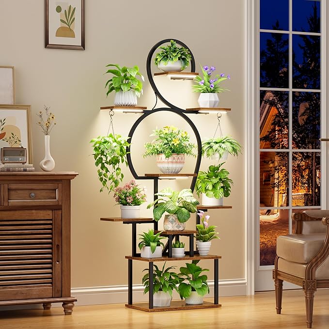 POZILAN Plant Stand Indoor with Grow Light - 9 Tiered 63" Tall Indoor Plant Shelf for Multiple Plants, Large Plant Shelf with Grow Light, Lighted Plant Stand for Indoor Plants