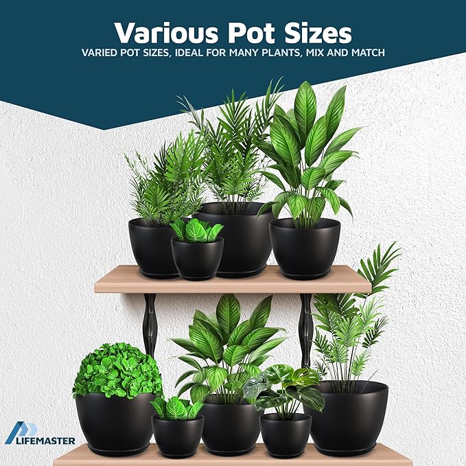 Lifemaster Plant Pots with Multi Drainage Holes - 20 Pieces Versatile, Sturdy Plastic, Stackable Design Home Decor Flower Pots for Indoor and Outdoor Gardening - Black