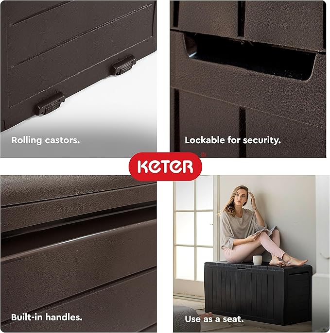 Keter Marvel Plus 71 Gallon Resin Outdoor Storage Box for Patio, Balcony & Garden – Weather‑Resistant Deck Box for Cushions, Pillows, Pool Floats & Tools, Brown