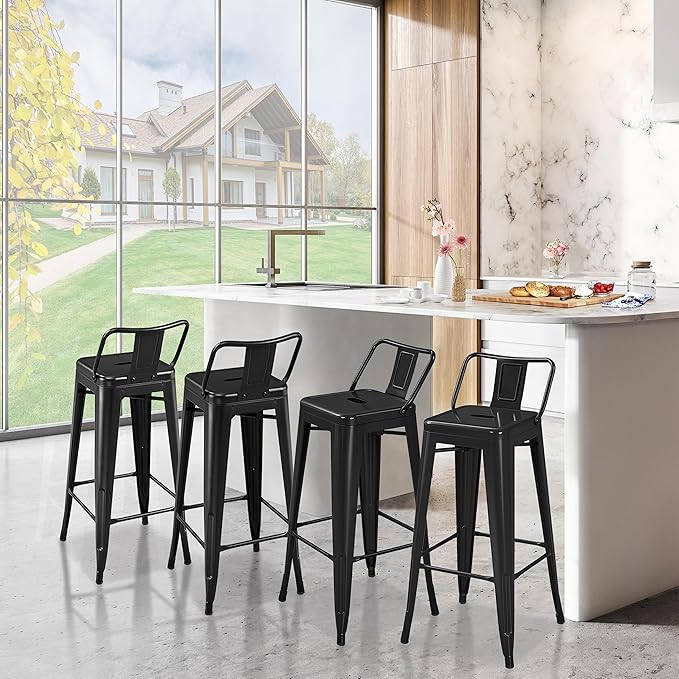 Yaheetech Bar Stools Set of 4, Metal Counter Height Chairs, 30 Inch Industrial Kitchen Stools with Backrest and Footrest for Indoor/Outdoor, Matte Black