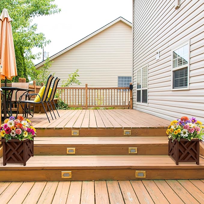 Lattice Design Outdoor Planter Box 2-Pack - 14.75” Square 13” Tall Brown Decorative Plant Pots for Front Porch Decor - Flower Pots Outdoor Planters for Porch Patio or Garden Decor by Pure Garden