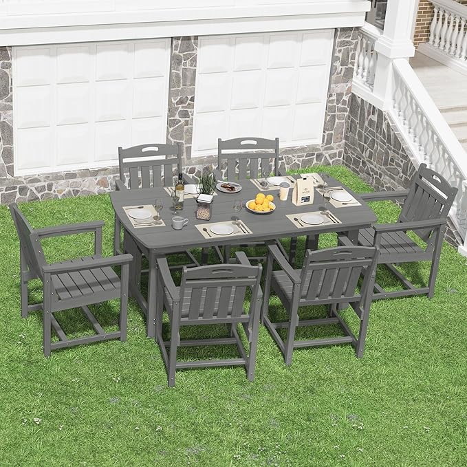 HDPE Outdoor Patio Dining Set with Table & 6 Chairs, All-Weather 7-Piece Outdoor Table and Chairs, 2" Umbrella Hole, Patio Furniture for Garden, Backyard, Deck | Grey