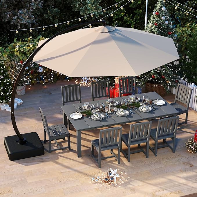 9-Piece Grey Outdoor Dining Set with Beige 11FT Large Patio Umbrella, 75.2'' HDPE Table & Chairs for 8, Weather-Resistant Furniture with Umbrella Hole for Patio, Lawn, Poolside