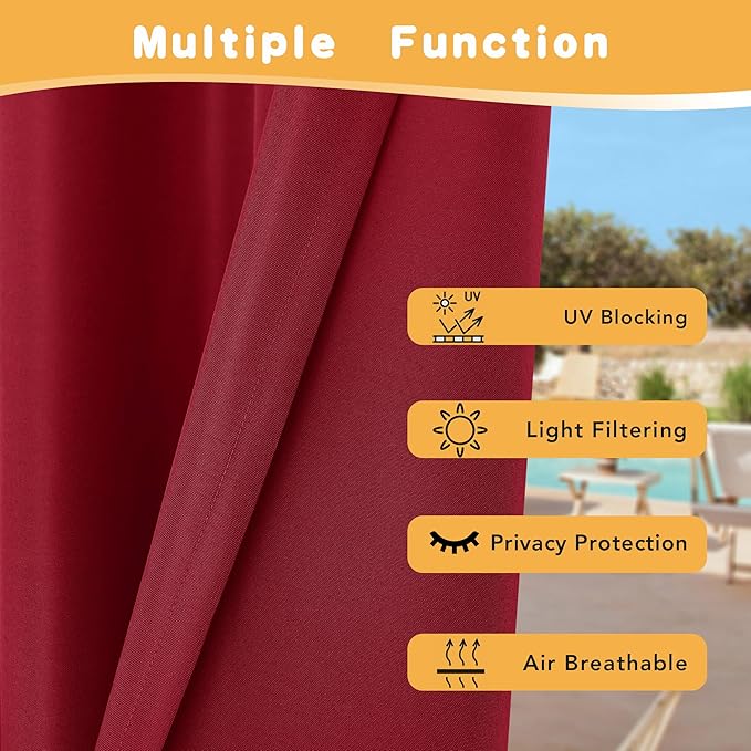 HolidayIdeas Red Outdoor Curtains for Patio Waterproof, 2 Panels - 54 x 108 Inch - Privacy Protection & Light Filtering Curtains Grommet Outside Curtains for Porch, Gazebo, Pergola, Backyard