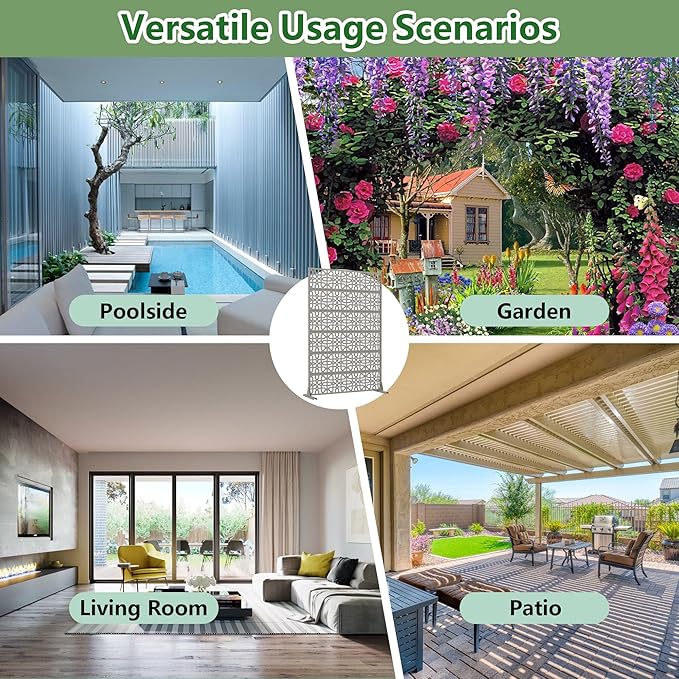 Casaphoria Metal Privacy Screen Outdoor, 72" H x 47" W Freestanding Decorative Privacy Screen for Patio Deck Balcony Garden with Stable Base, Grey-Perilla