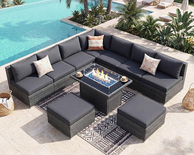 NICESOUL 10 Piece Contemporary Patio Furniture Set with Firepit Table Natural Gas/Propane, 29.3'' High Backrest Outdoor Sofa Conversations, 9 Seats Deep Wide Seating Wicker Sectionals, Dark Gray