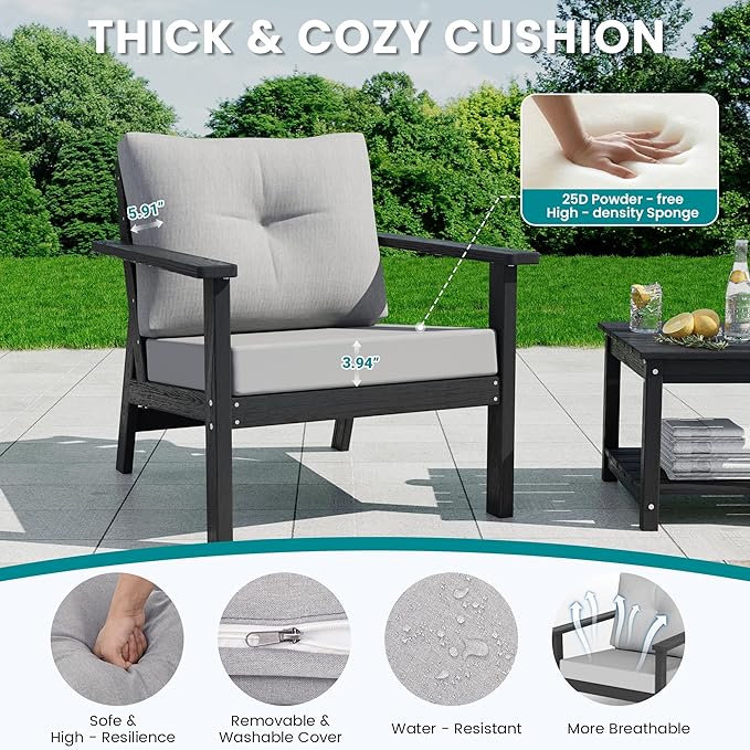 6-Piece HDPE Patio Furniture Set, Outdoor Sectional Sofa Set,All Weather Outdoor Couch with Dust-Free Cushions, Durable Patio Conversation Sets for Balcony, Porch, Black