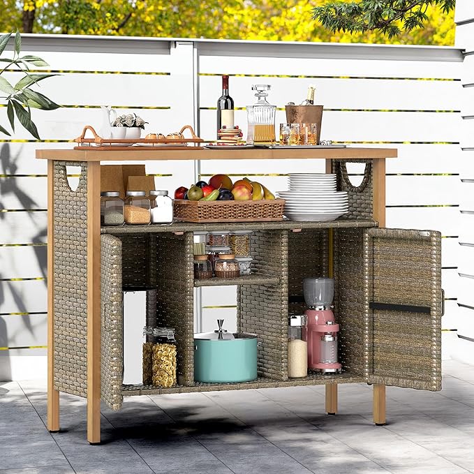 DWVO XL Patio Storage Cabinet, Wicker Outdoor Bar Table with Wood Top,Adjustable Shelves, Patio Sideboard for Outdoor Buffet,Yard, Garden, Kitchen (Brown)