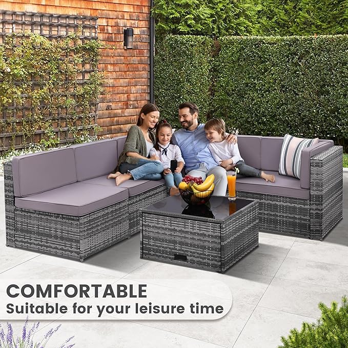 8-Piece Patio Furniture Set, Outdoor Wicker Rattan Sectional with Thick Cushions, Glass Top Table with Hidden Storage, Outdoor Conversation Set for Backyard, Porch, Patio, Light Grey