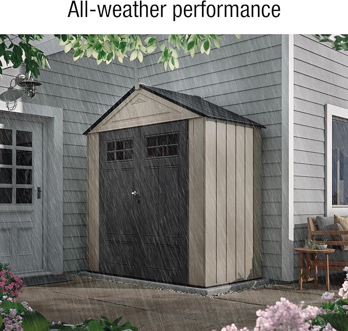 Rubbermaid Resin Outdoor Storage Shed With Floor (7 x 3.5 Ft) Weather Resistant, Brown Gable, Organization for Home/Backyard/Garden Tools/Lawn Mower/Bike Storage/Pool Supplies