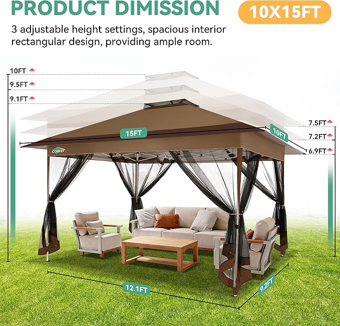 COBIZI 10x15 FT Pop up Gazebo on Clearance - Outdoor pop up Canopy Tent,carpas para Patio, Shelter - Screen Tents with Portable Carry Bag, Patio Gazebos for Camping,Garden,Deck,Backyard,Brown