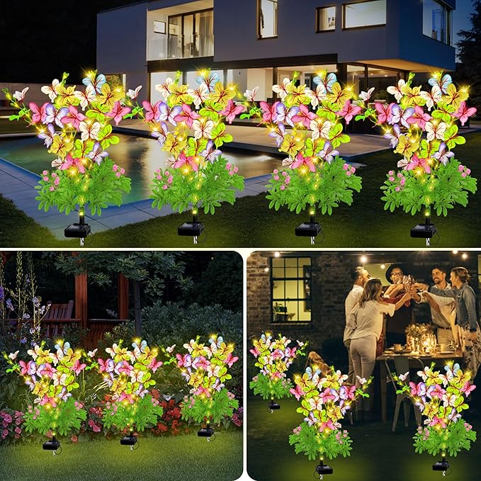 Solar Garden Lights Outdoor Waterproof,4 Packs Solar Swaying Butterfly Lights Decor,Gardening Butterfly Gifts for Mom Women,Solar Flowers Plant Lights Decorative Stakes for Yard Patio Lawn Pathway