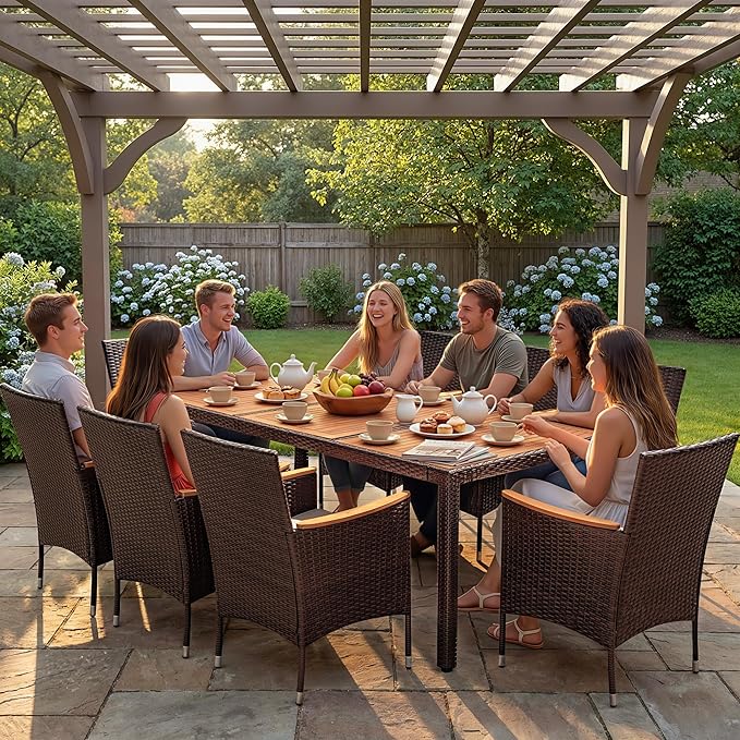 Devoko Outdoor Patio Dining Sets 9 Pieces Wicker Outdoor Dining Table and Chairs Set with Acacia Wood Table Top and Widened Armrests for Backyard, Garden, Deck (Brown)