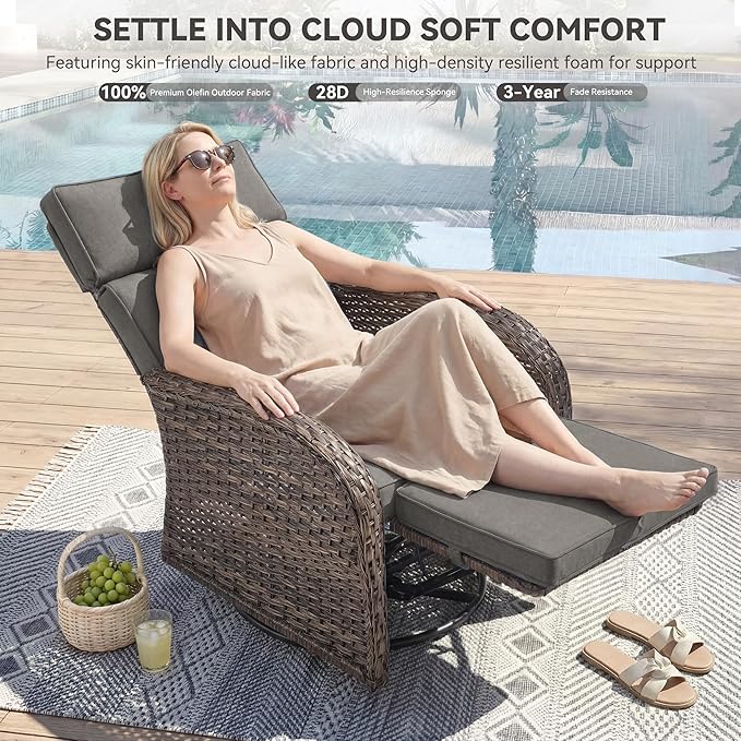 3 Pieces Zero Gravity Patio Swivel Rocking Recliner Chairs Set of 2 - Wicker Outdoor Lounge Chair with Side Table, Adjustable Backrest & Footrest, High Back Outdoor Recliner Chair for Pool Deck Gray