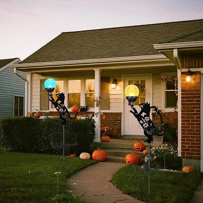Cat Solar Lights Outdoor Garden Decor,40” Black Cat Stake with Color Changing Crackle Glass Ball Light,Metal Cat Silhouette Welcome Sign for Yard,Lawn,Pathway,Patio,Unique Gift Ideas