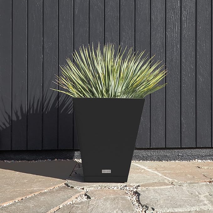Veradek Nobleton Indoor/Outdoor Wide Square Planter (Black, 22" - 2 Pack with 2 Saucer Trays)