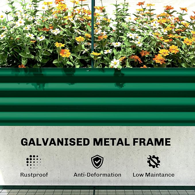 Outsunny Galvanised Raised Garden Bed with Greenhouse Cover, Metal Elevated Garden Bed with Legs, Bed Liner and Bottom Shelf, Outdoor Raised Planter Box for Vegetables, Herbs, Flowers, Green