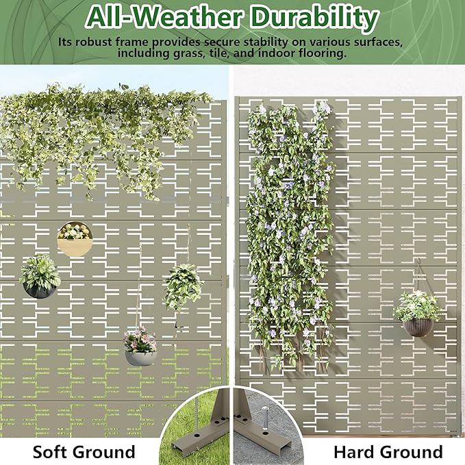 Casaphoria Metal Privacy Screen Outdoor, 72" H x 47" W Freestanding Decorative Privacy Screen for Patio Deck Balcony Garden with Stable Base, Grey-Brick