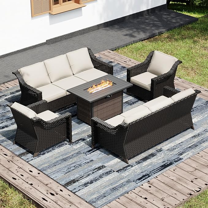 Joyside Wicker Patio Furniture Sets, 5 Pieces Upgraded Large Size Outdoor Furniture with Patio Dining Chair, Two 3-Seat Sofa, Fire Table,Thick Cushions, Wide Armrest, Beige