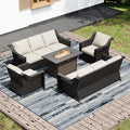 Joyside Wicker Patio Furniture Sets, 5 Pieces Upgraded Large Size Outdoor Furniture with Patio Dining Chair, Two 3-Seat Sofa, Fire Table,Thick Cushions, Wide Armrest, Beige