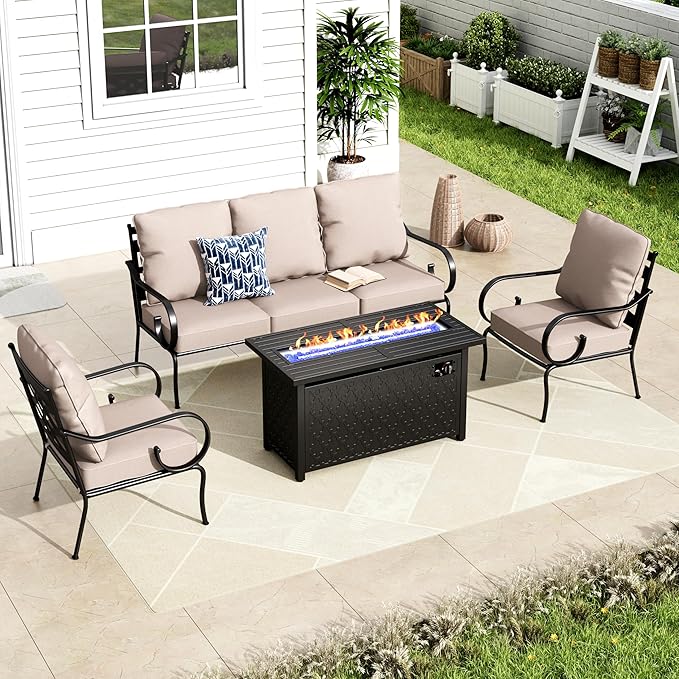 MFSTUDIO 5 Seats Large Metal Patio Conversation Sets, 4 Pieces Outdoor Sectional Furniture Sofa with 2 x Fixed Chairs, 1 x 3-seat Sofa and 1 x 45 inches Rectangular Propane Fire Pit Table