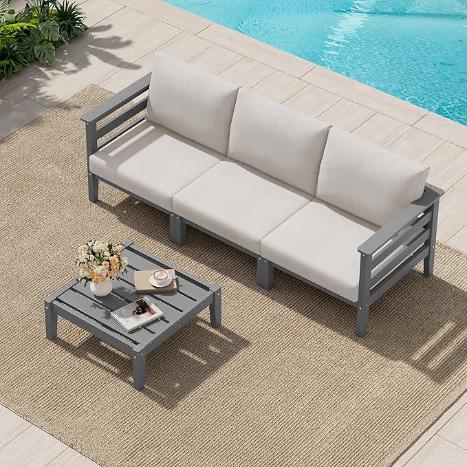 SERWALL HDPE Patio Furniture Set, 4 Pieces Outdoor Sectional Sofa Set, All-Weather Wood-Like Outdoor Sofa Couch with Coffee Table for Deck, Lawn, Grey Frame with Khaki Cushion