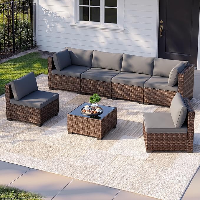 7 Pieces Patio Furniture Set, Outdoor Sectional Rattan Sofa Set, Wicker Patio Conversation Set with Cushions and Glass Coffee Table, for Balcony, Porch, Garden, Grey