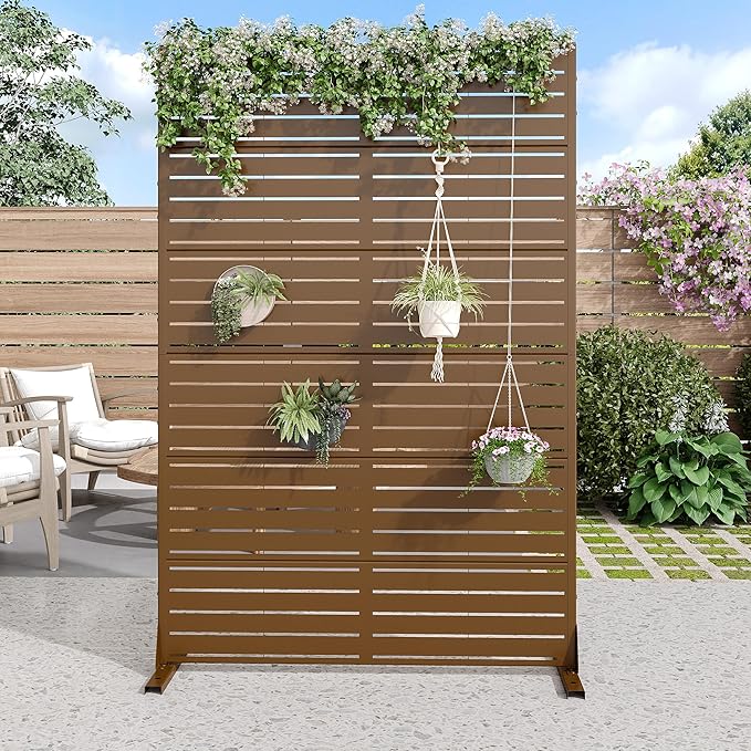 Casaphoria Metal Privacy Screen Outdoor, 72" H x 47" W Freestanding Decorative Privacy Screen for Patio Deck Balcony Garden with Stable Base, Brown-Louvered