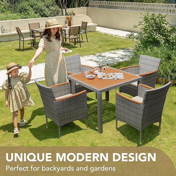 Devoko 5 PCS Furniture, Patio Conversation Set with Acacia Wood Top, Rattan Outdoor Dining Table and Chairs for Backyard, Garden, Deck, Grey