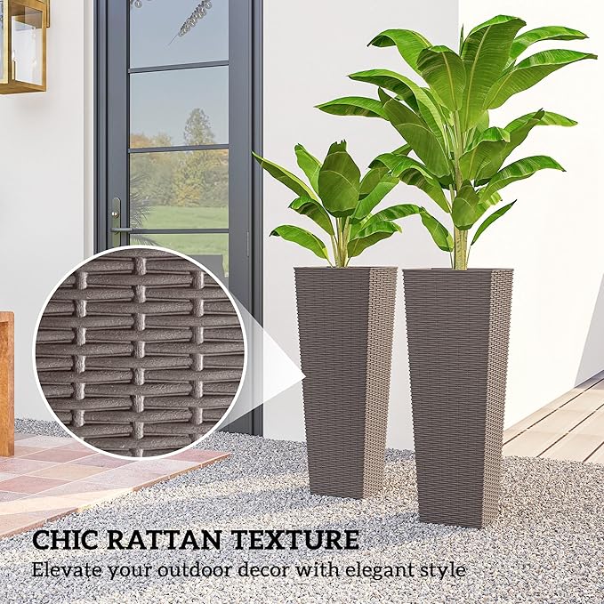 Outsunny 32 Inch Tall Planters for Outdoor Plants, Set of 2 Plastic Rattan-Like Flower Pots with Drainage Holes, Stackable Tapered Planters for Indoor Plants, Front Porch, Brown