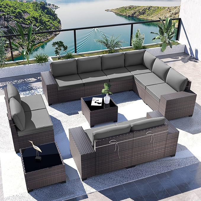 Kullavik 12 Pieces Outdoor Patio Furniture Set PE Wicker Rattan Sectional Sofa Patio Conversation Sets,Grey