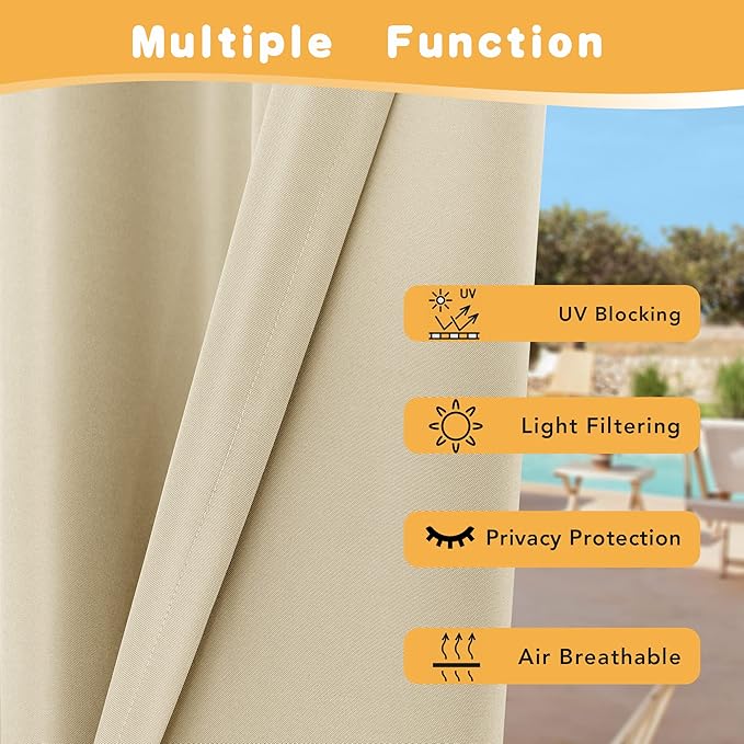 HolidayIdeas Extra Wide Outdoor Curtains for Patio Waterproof, 4 Panels - 110 x 95 Inch - Privacy & Light Filtering Curtains Cream Grommet Outside Curtains for Porch, Gazebo, Pergola, Backyard