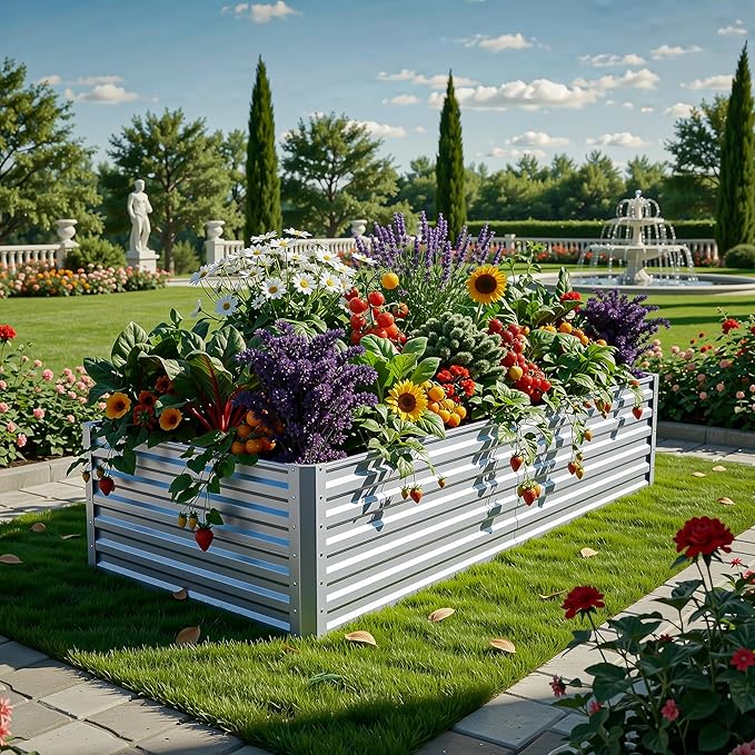 YITAHOME 6x3x2ft 2pcs Large Raised Garden Bed Kit, Galvanized Metal Planter Box with Gloves, Ground Nails, Support Rod, Outdoor Above Ground Planters for Plants Vegetables Flowers, Silver