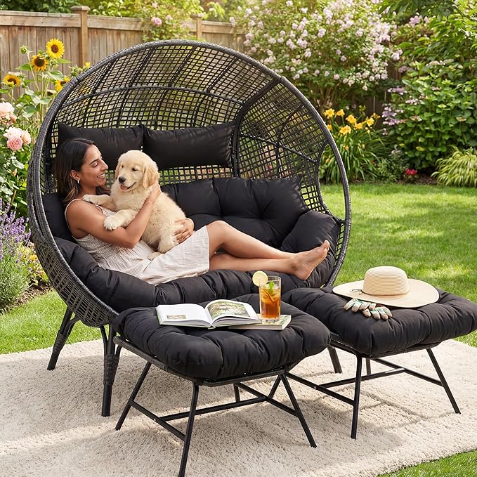 NICESOUL Luxury Double Egg Chair with Footrest & Cushions, Two Person Wicker Eggshell Chair Large with Ottoman, 2 Person Loveseat Comfort Deep Seating for Interiors Exteriors Balcony Dark Gray