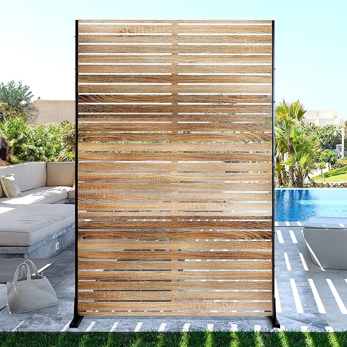 FENCY Outdoor Privacy Screen, 72" H×47" W Metal Patio Privacy Screen, Freestanding Decorative for Deck Balcony Patio Natural Wood Color