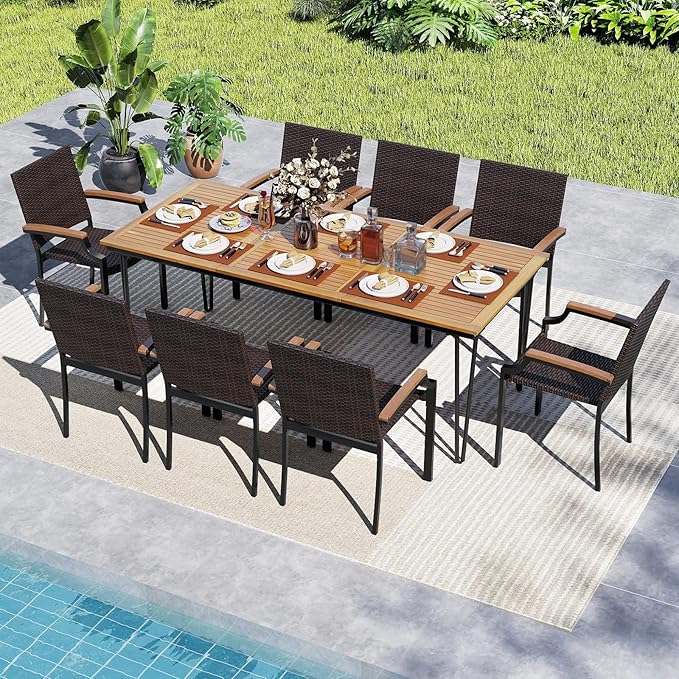 Tangkula 9 Piece Patio Dining Set, 79” Rectangular Outdoor Dining Table with Acacia Wood Top & Umbrella Hole, 8 Stackable Rattan Armchairs, for Backyard Garden Poolside