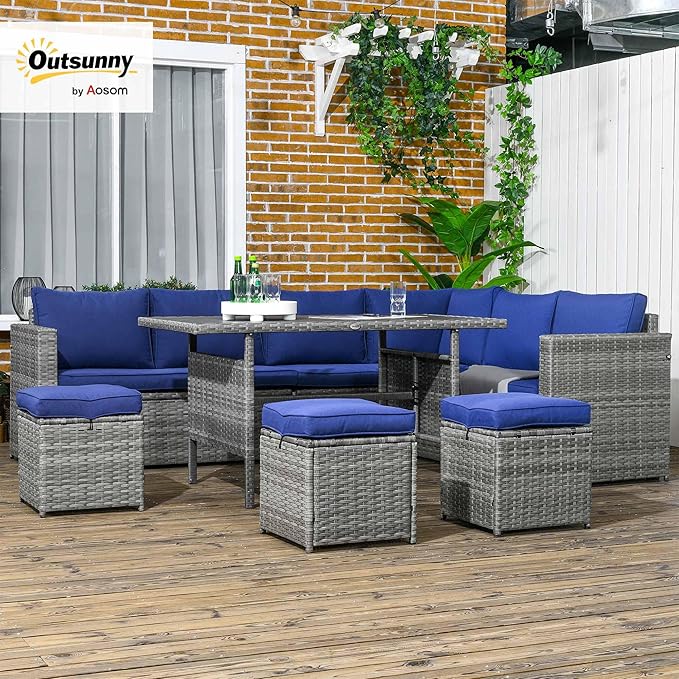 Outsunny Wicker Outdoor Patio Furniture Set, L-Shaped 7 Piece Outdoor Dining Sectional Sofa with Dining Table and Chair, Storage Loveseat, Ottomans and Cushions, Dark Blue