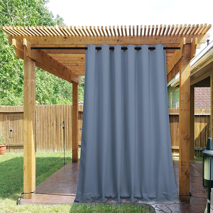 NICETOWN 2 Panels Outdoor Curtains for Patio Extra Wide 84", Waterproof & Windproof Grommet & Back Tab Fixed Top and Bottom Sun Blocking Privacy Drapes with Rope for Gazebo, Stone Blue, W84 x L108
