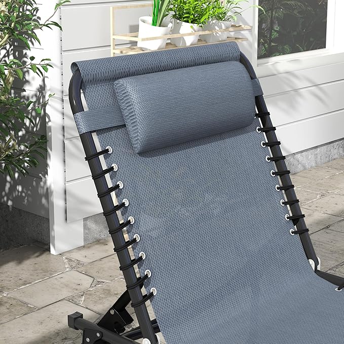 Outsunny Folding Chaise Lounge Chair Set of 2, Patio Sun Tanning Chair, Outdoor Chaise Lounger with 4-Position Reclining Back, Breathable Mesh Seat for Beach, Poolside, Gray