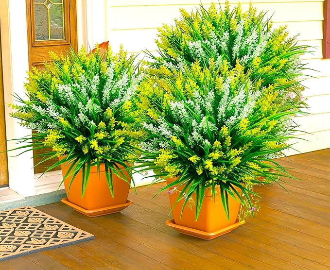 Artificial Plants Outdoor, 20 Pcs Fake Flowers UV Resistant Outdoor Fake Plants, Lavender Artificial Flowers Plastic Fake Faux Flowers Shrubs for Home Porch Garden Yard Window Box (Yellow White)