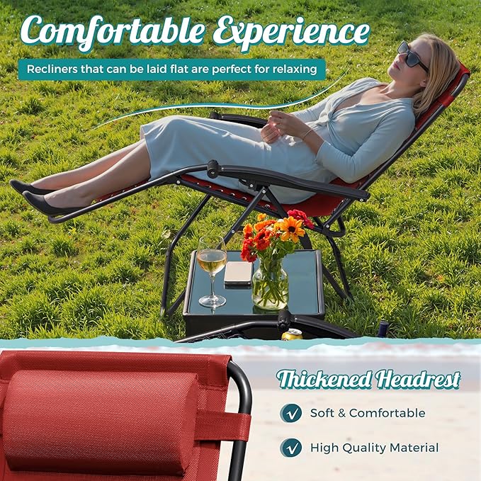 Homall Zero Gravity Patio Folding Lawn Reclining Lounge Chairs Outdoor Gravity Camp Chairs with Cup Holder Pillows for Poolside Backyard and Beach Set of 2 (Red)